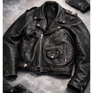 Vintage 80s 90s Black Leather Motorcycle Jacket XL Biker Snap Belt